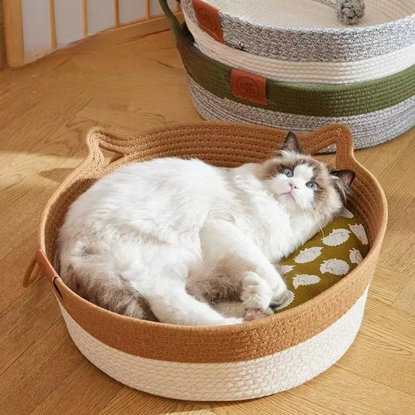 Pet Cat Bed Round Hand Woven Rattan Cat Beds